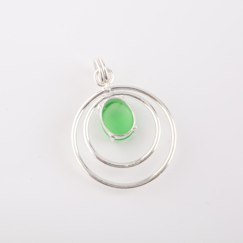 Rare Green Cat's Eye Gemstone 925 Sterling Silver Jewelry Handmade Pendant 1.65" PP-61-44