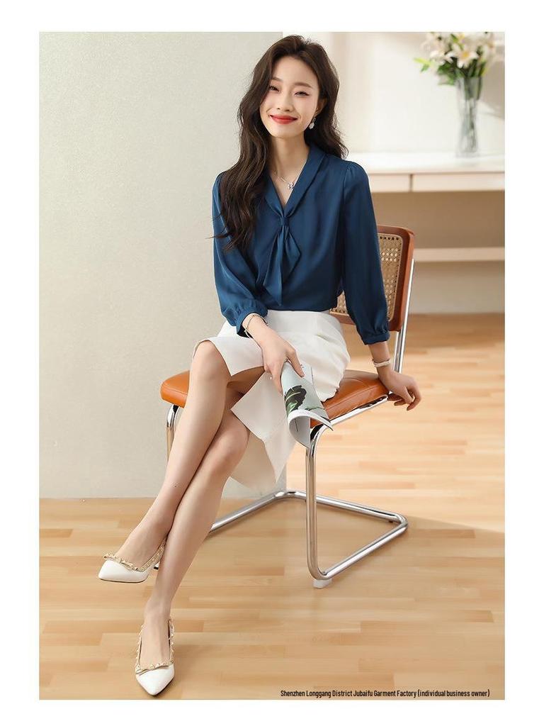 Brand Women's High-End White Silk Long Sleeve Shirt - Stylish Summer 2025 Formal Fashion