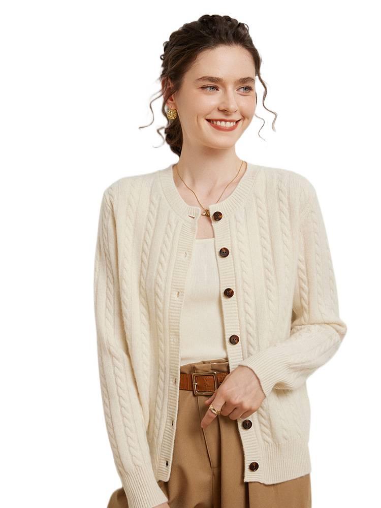 Women's Seven-Stitch Cable Knit Cashmere Cardigan - Long Sleeve, Loose Fit, Slimming, Warm, Round Neck, Single-Breasted