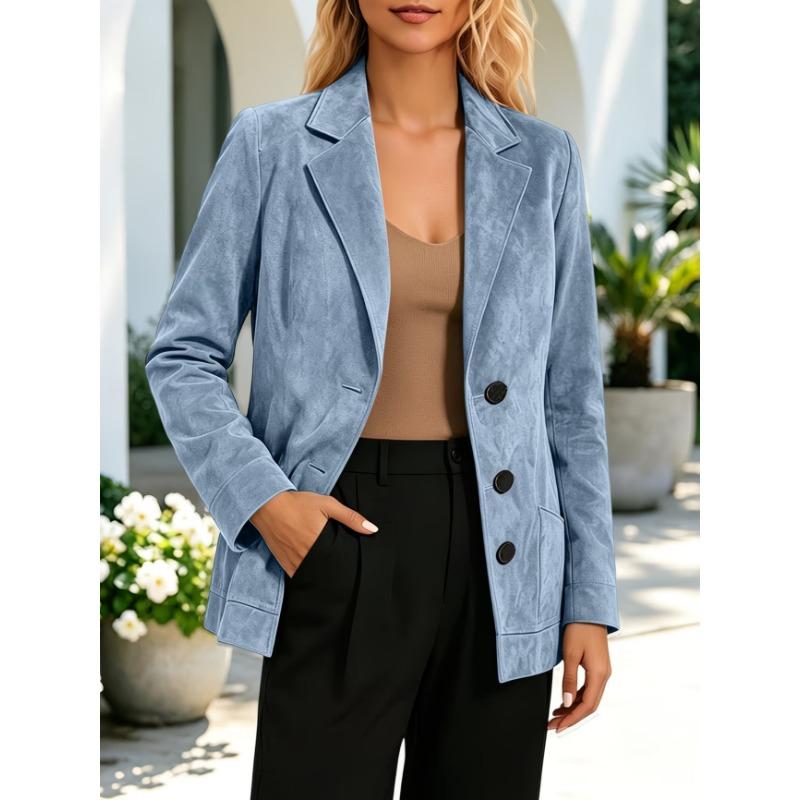 Women S Suede Lapel Pocket Long Sleeve Blazer