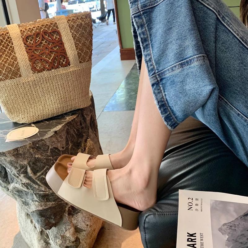 

Leather version~ buckle with thick bottom cool slippers casual beach slippers women s summer wear 35 белый