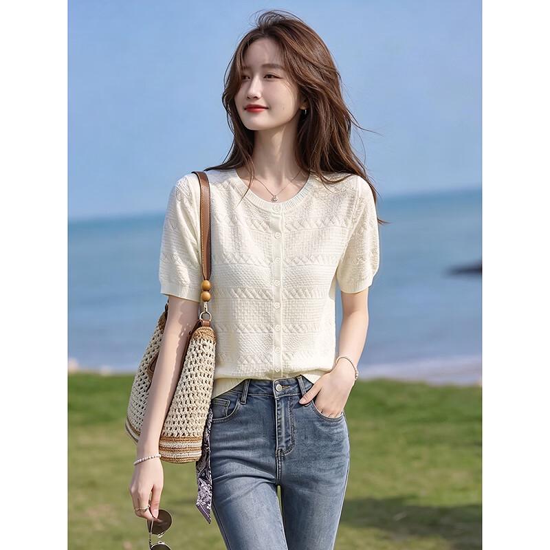 Lightweight Crochet Knit Short Sleeve Cardigan One Size