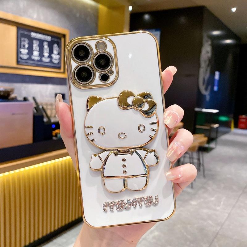 Applicable To Apple 17KT Cat Makeup Mirror Mobile Phone Case iPhone16Pro Bracket 15 Electroplating 14 Fashion Soft