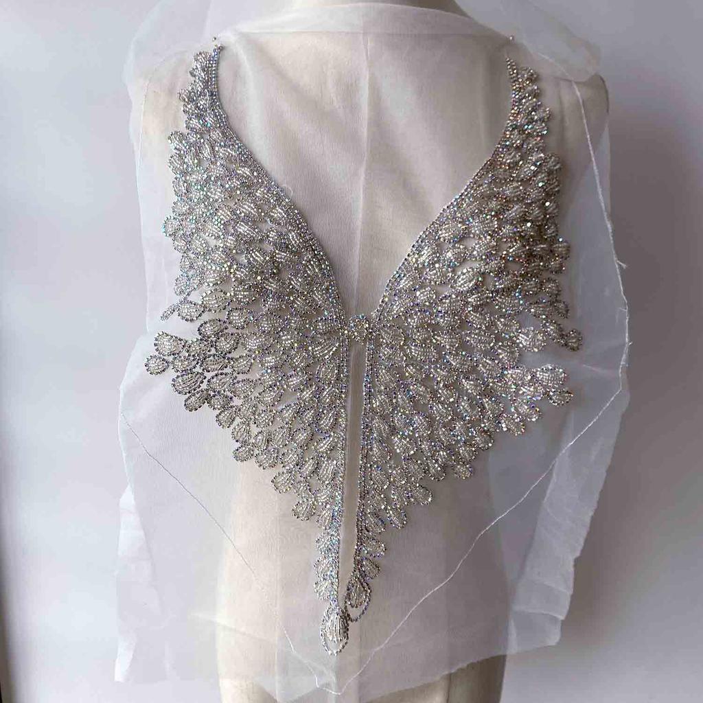Beaded Rhinestone Crystal Fabric Bodice Applique Rose Gold Panel Pedreria Hand-Sewn Shank Style Corset Wedding Dress Evening