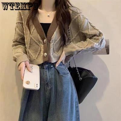 Women's V-neck Short Cardigan Sweater Coat Spring and Autumn Loose Fried Dough Twists Knitting Top