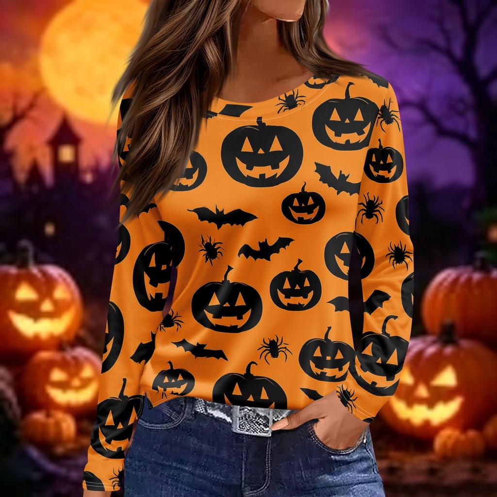 Women's Halloween Print Long Sleeve Pullover Top Round Neck Split Hem Casual Loose Fit Lightweight Sweatshirt