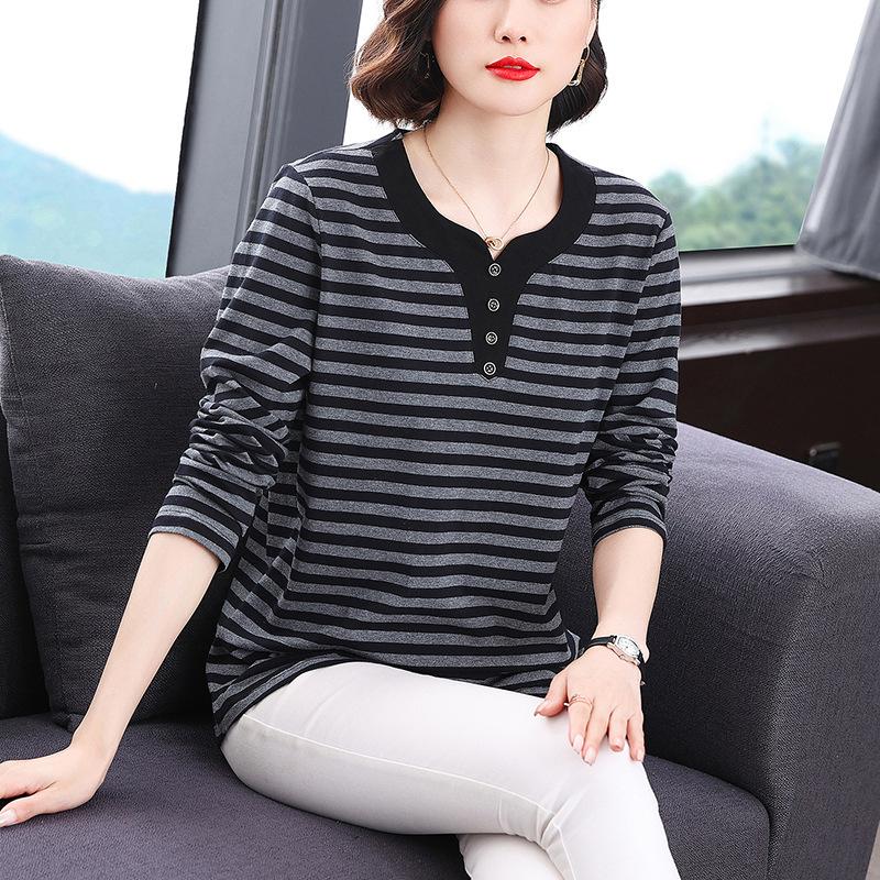 Women S Oversized Striped Crew Neck T Shirt For Middle Aged Women Autumn Casual