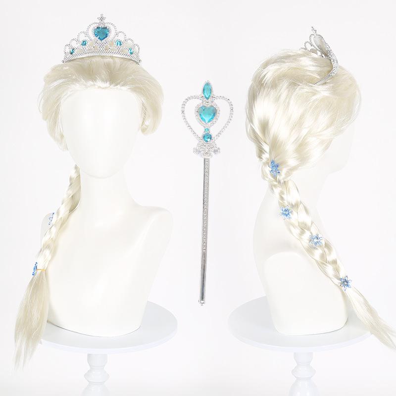 Perucă Cosplay Prințesa Elsa Frozen pentru Copii Fată Halloween Regina Zăpezii 70cm Blond Deschis Împletitură Rochie de Petrecere Carnaval Accesorii