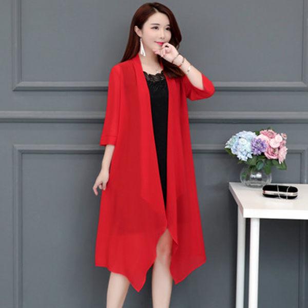 Women's Plus Size Chiffon Cardigan Trench Coat: Mid-Length, Versatile Spring/Summer Shawl for Middle-Aged & Elderly with Sun Protection.