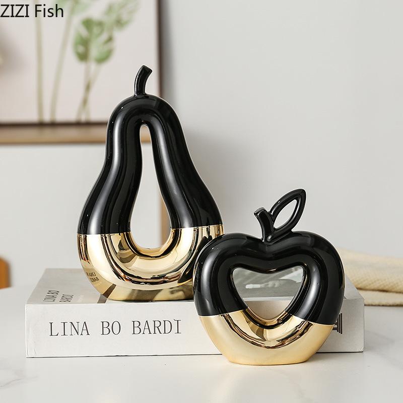 Gold-plated Hollow Out Apple Pear Statue Ceramic Ornaments Desk Decoration Modern Crafts Fruits Sculpture Room Aesthetic Decor