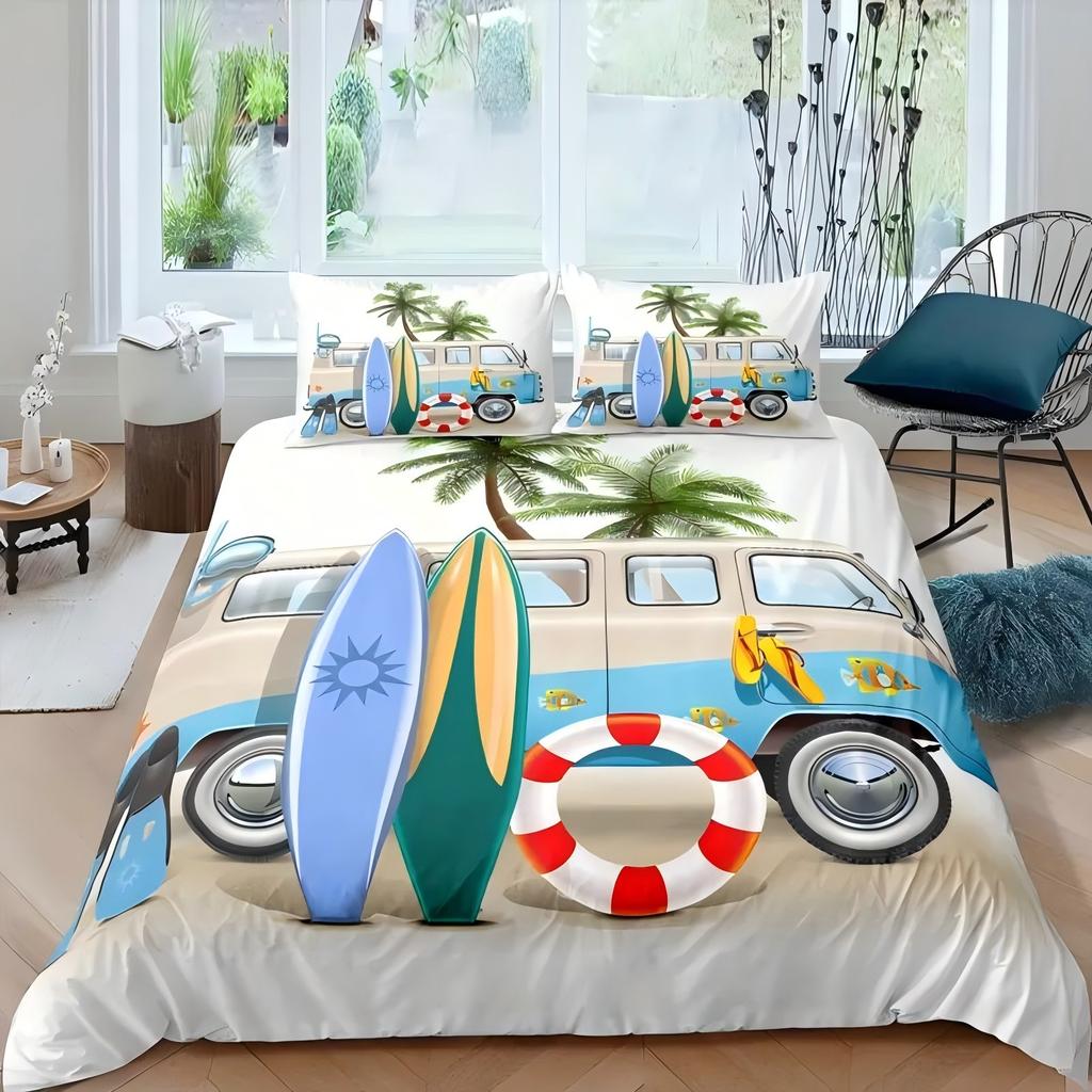 3D Printed Bus Surfboard With Palm Tree Pattern Bedding Cover Pillowcase Luxury Home Textiles Cartoon Car Camp Duvet Cover Sets
