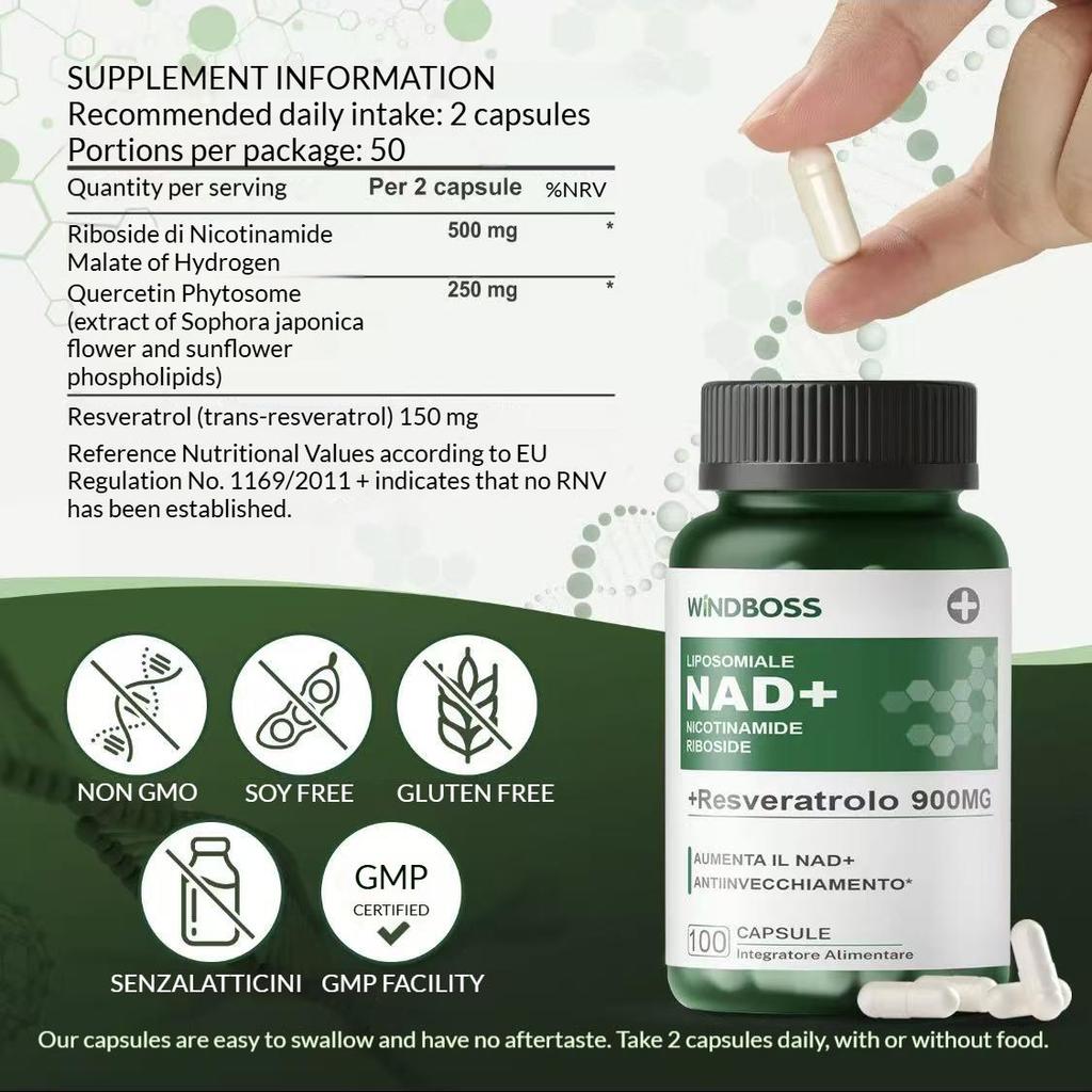 Windboss NAD+ Liposomal NR 900mg avec Quercétine, Trans-Resvératrol et NMN - Énergie et Concentration Améliorées N01