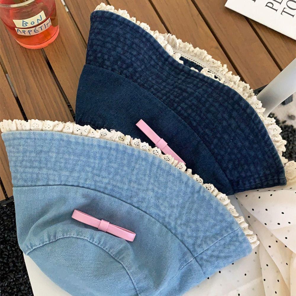 Denim Fischerhut mit breiter Krempe Y2K Schleife Sonnenschutzhut Mode Spitze Fischerhut Klettern
