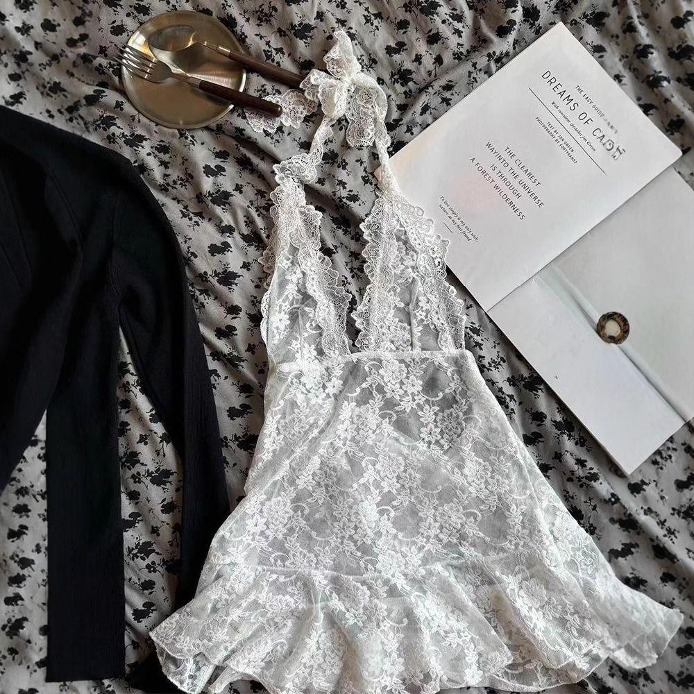 Transparent Lace Halter Dress V-neck Hollow Out Camisole New Lace-up Short Skirts  Women