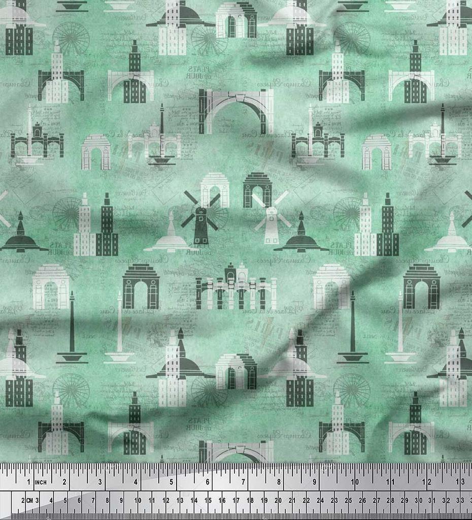 Soimoi Purple Japan Crepe Satin Fabric Text & Monuments Architectural Print Sewing Fabric Metre 42 Inch