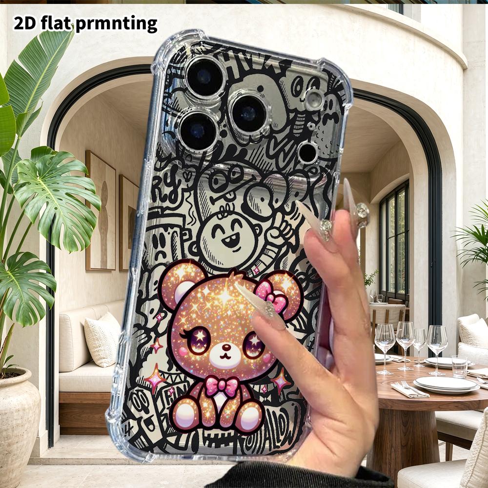 Phone Case: 2D Flat Suitable for iPhone 18 17 16 15 14 13 Pro, Transparent Corner Protection Case, Gold Glitter Brown Bear, Christmas and Halloween Gi