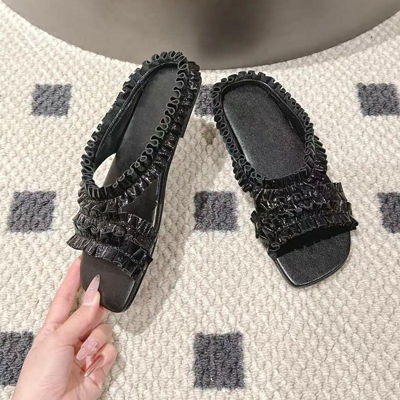 

Sheepskin version~ New niche design pleated lace gold one-word slippers open-toed flat-bottomed cool slippers for women 40 чёрный