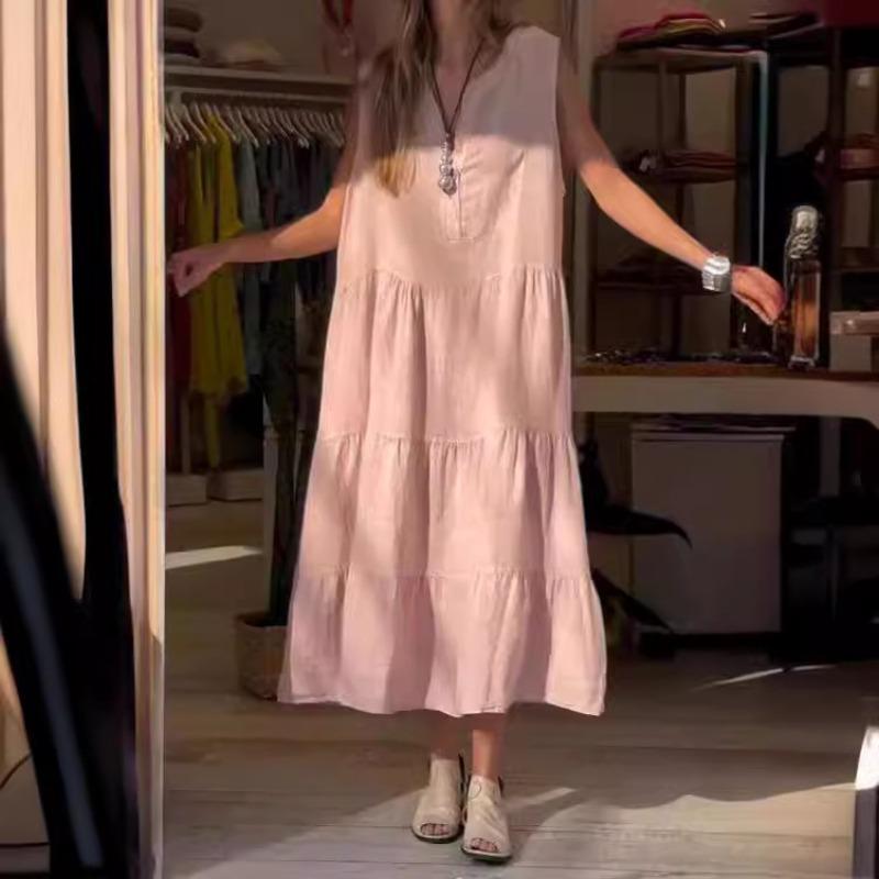 Ny Bomulls- och Linneklänning för Kvinnor, Lång Kjoldel, Utrikeshandel Damkläder