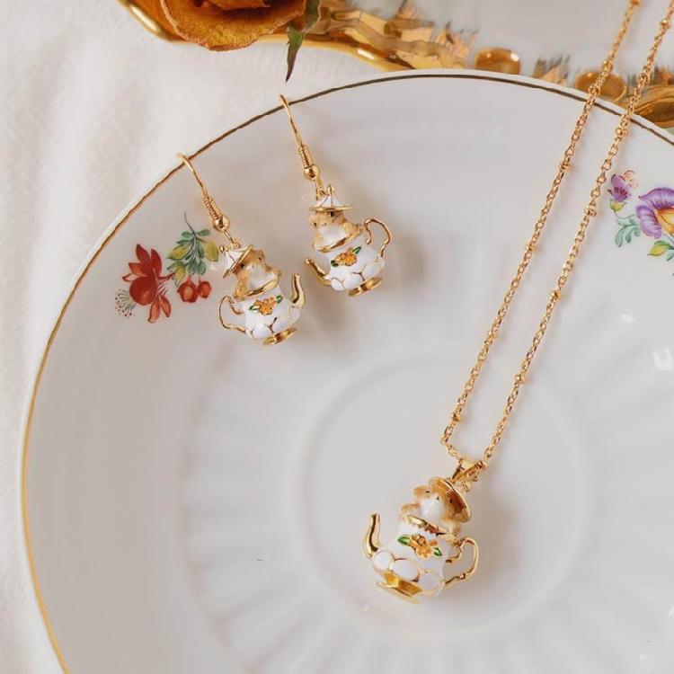 Enamel Chipmunk Teapot Earrings Trendy Pendant Necklace Stylish Woman Accessory