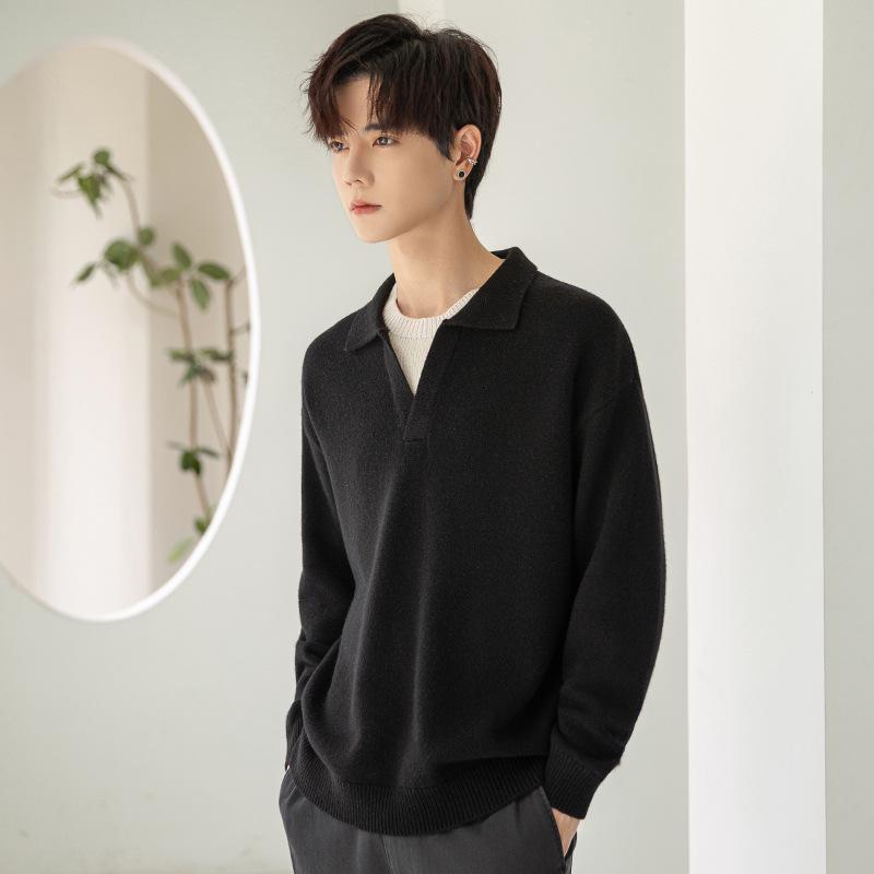 Men s Casual Loose Cashmere Wool Sweater, Fake Two-Piece Layered Knitwear 2XL