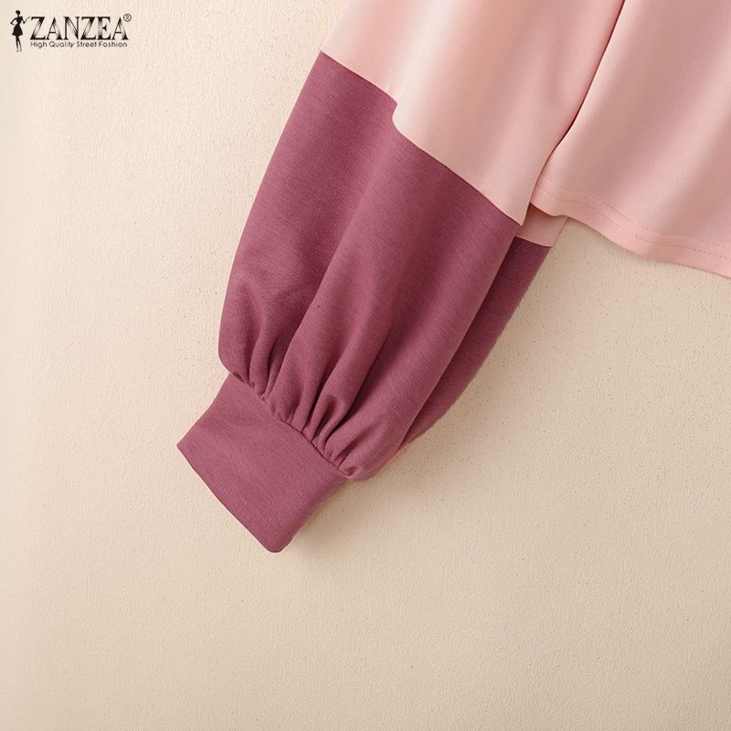 ZANZEA Women Casual Stand Collar Patchwork Loose Long Sleeve Tee Tops