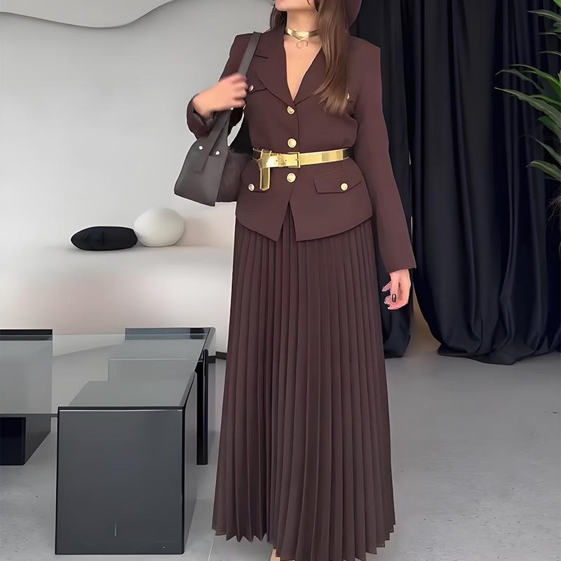 2024 Autumn European & American Solid Color Lapel Suit with Pleated Midi Skirt