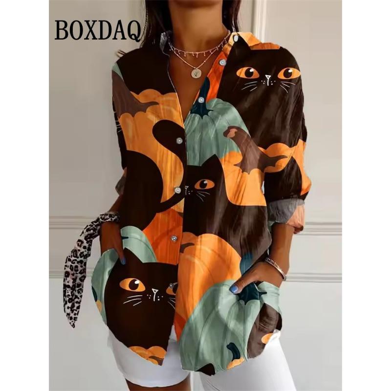Women's Halloween 3D Witch Bat Print Blouse 2025 Autumn Fashion Long Sleeve Tops Trendy Loose Casual Lapel Party Shirts