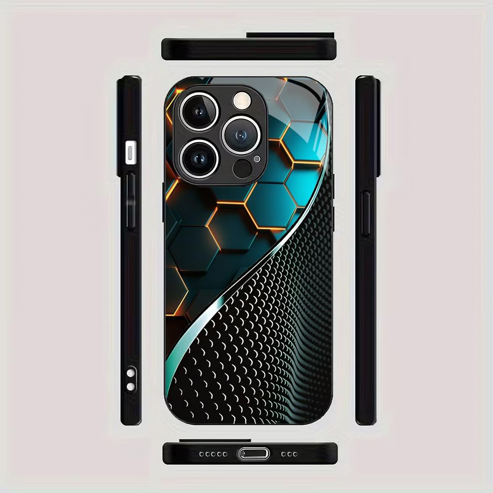Fashionable honeycomb line splicing pattern tempered glass phone case suitable for iPhone 17 16 15 14 13 12 11 Pro/Max/Plus