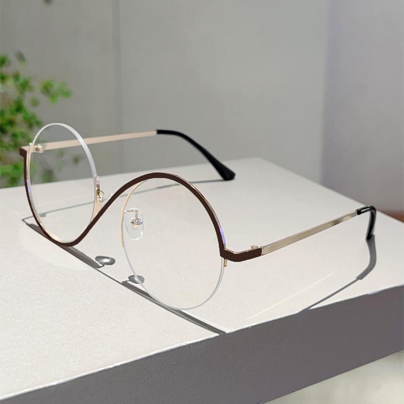 Fashion Semi-Rimless Round Frame Women's Ins Brand Design Pink Glasses Blue Light Blocking Retro Metal Decor Eyewear
