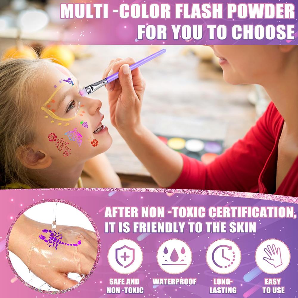 12 Color Temporary Glitter Tattoo Kit for Kid with 24 Stencils Adults Girls Boys Arts Glitter Make Up Kit Beautiful Holiday Gift