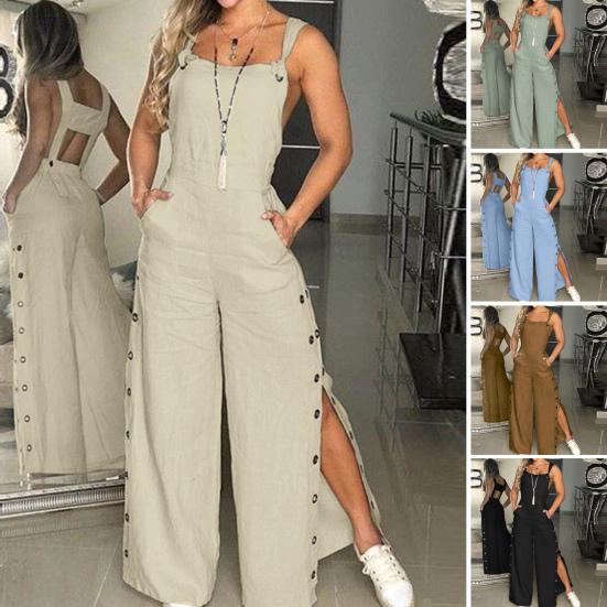 Women's Sleeveless Wide Leg Jumpsuit with Side Pockets And Button Closure Solid