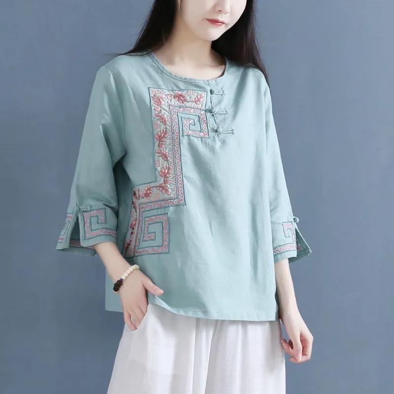 Spring and Summer New Retro Buttoned Linen Tops Cotton and Linen Shirts Women's Chinese Round Neck Embroidered Shirt Zen Tea Suit