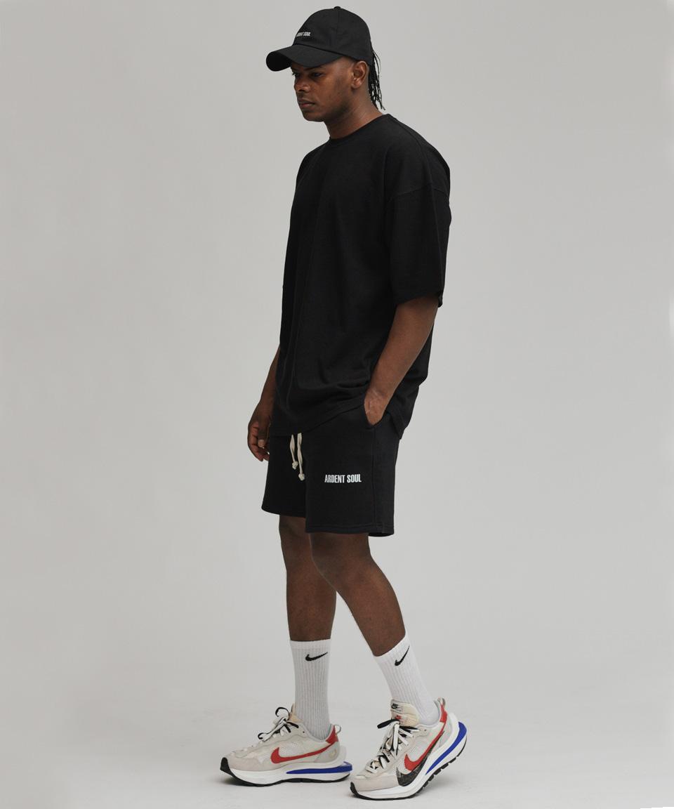 Adent Soul [Set] Heavy Cotton Semi-Oversized Short Sleeve T-Shirt / Heavy Weight Cotton Shorts (Black) M