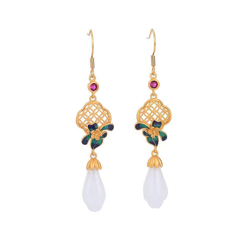 New Chinese Style Enamel Color Water Drop Earrings Women'S National Style Hanfu Cheongsam Earrings Hollow Coins Magnolia Flower Ancient Style Earrings