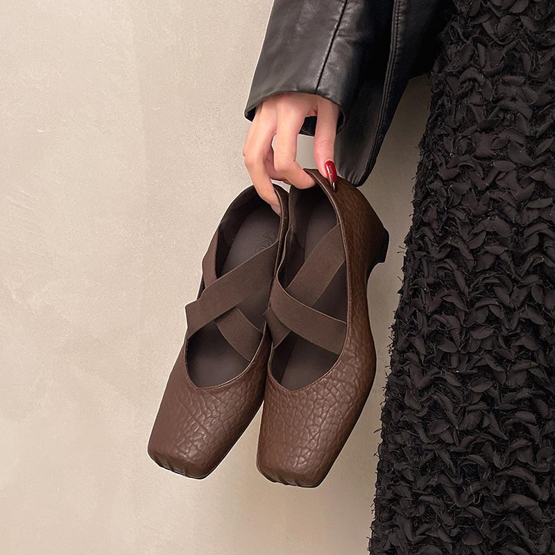 Mary Jane Women's Shoes New Cross with Square Toe French Temperament Slip-on Non-Slip Ballet Shoes
