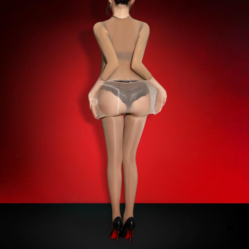 Women Sexy Fullbody Stockings Transparent Open Butt Jumpsuit With Silk Five-Finger Oil Shiny Glossy Sheer Elastic Tights
