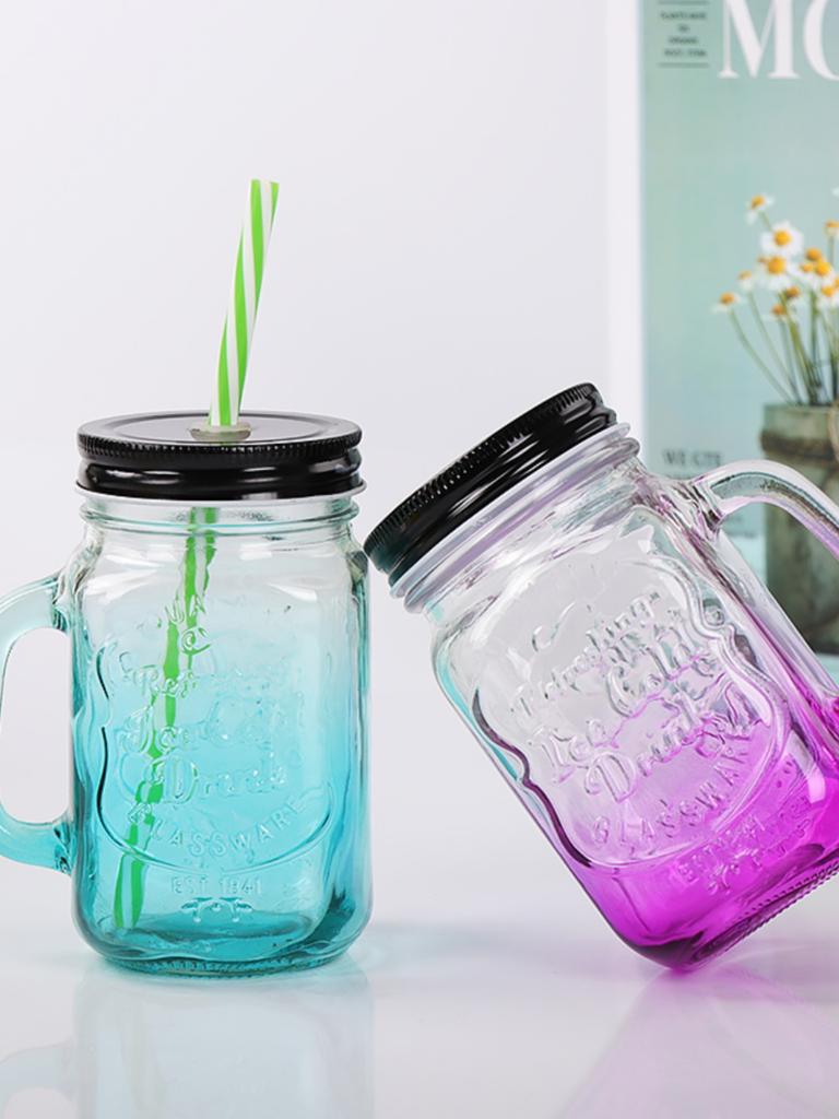 adient Chien Cup Glass St Water Cup Cold Drink Cup with Lid Handle 480ml Mason Sle Beverage Cup for Commercial Use