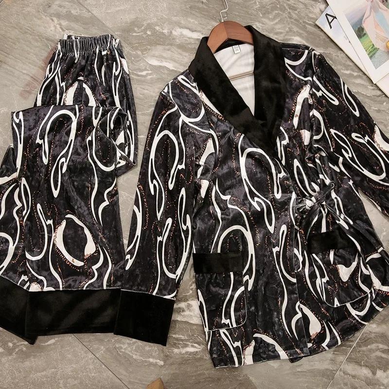 Gold Diamond Velvet Pajamas Women's Autumn and Winter High-end Sense Long Sleeve Fruit Collar Suit Home Clothes