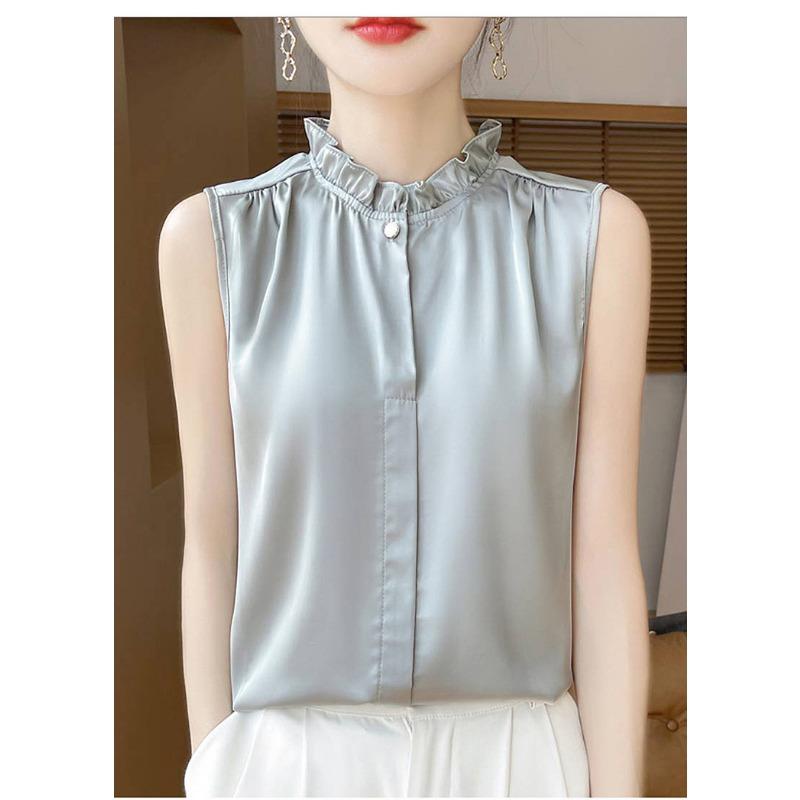 Women Beige Sleeveless Blouse With Ruffle Neck And Button Down Casual Silk Like Summer Top