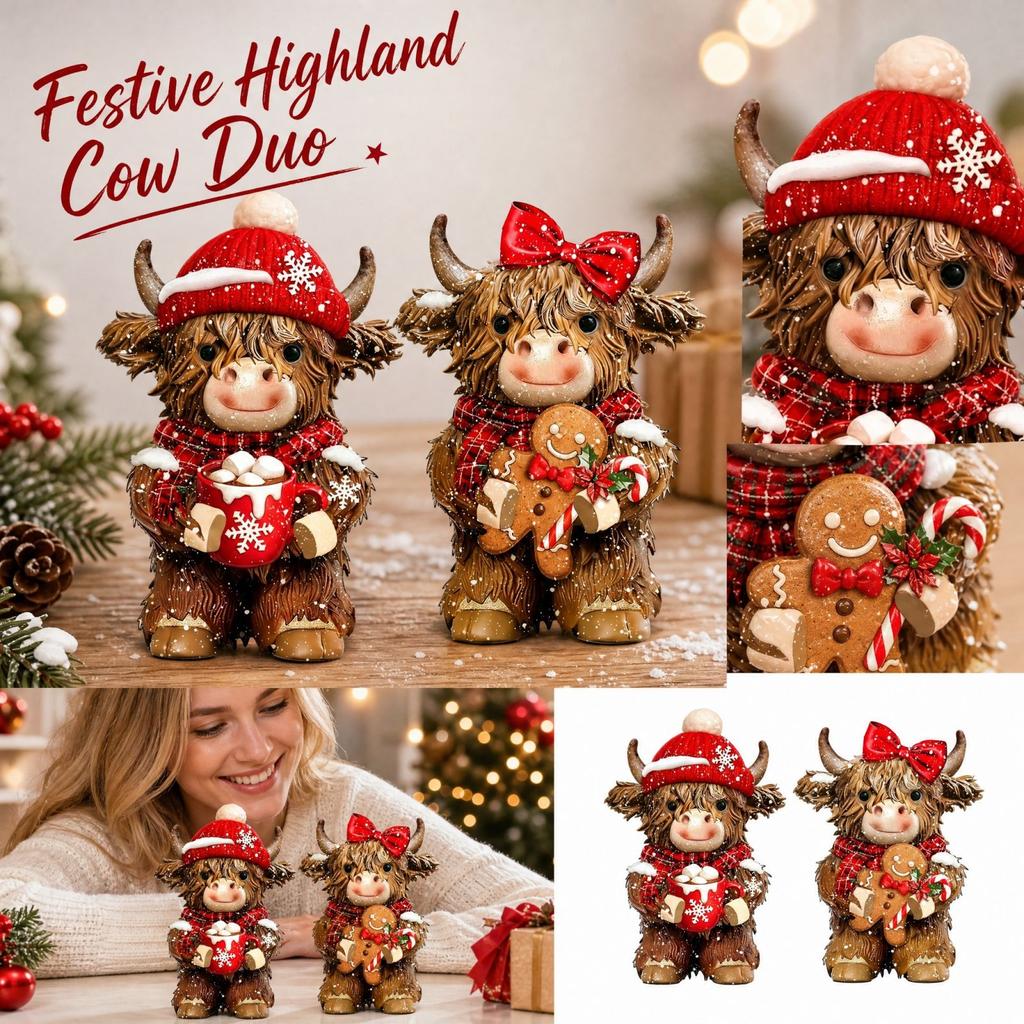 Set of 2 Christmas Cow Wood Carved Figurine Ornaments with Santa Hat, Holiday Cow Decor for Mantel Shelf