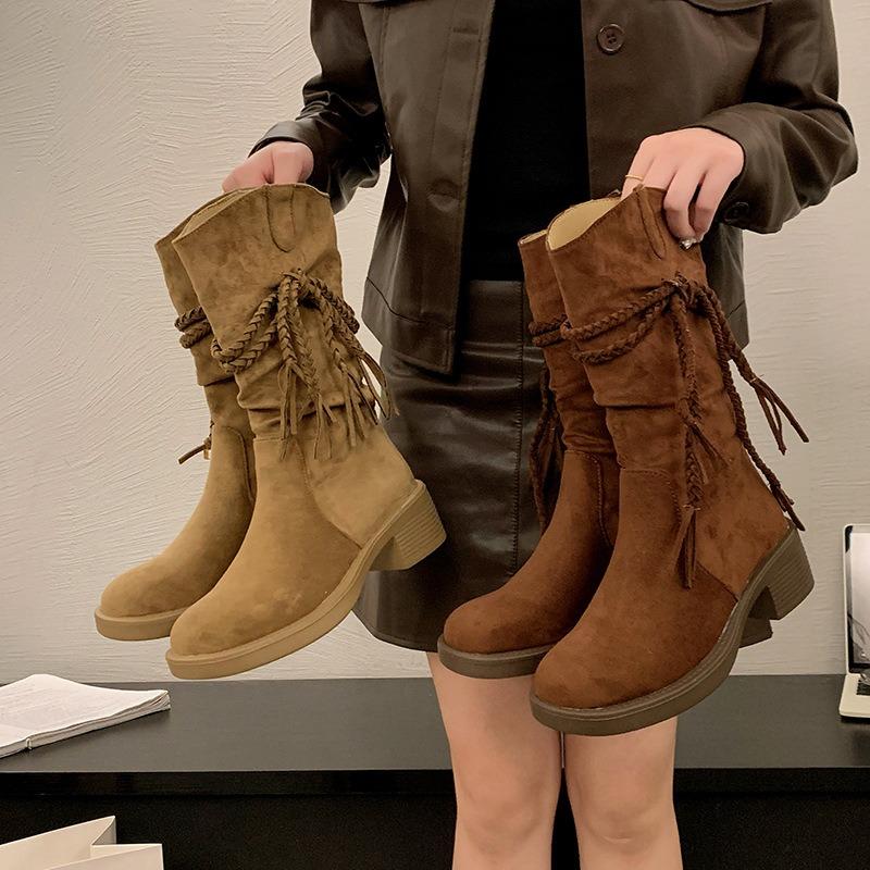 Boots women's new spring and autumn retro fringed knight boots Maillard medium boots thick-soled thick-heeled western boots women