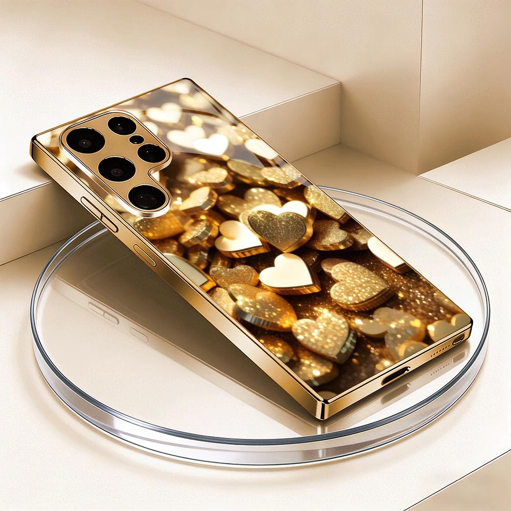 Love plated gold glass phone case suitable for Samsung Galaxy S26 S25 S24 S23 S22 S20 FE/Ultra/Plus anti drop back cover