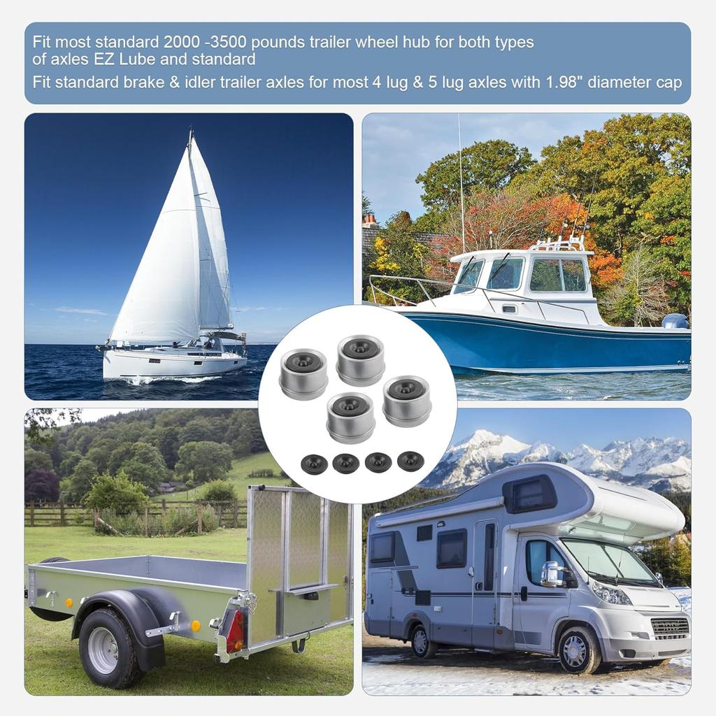 4pcs 1.98" Trailer Axle Dust Cap Cup Grease Cover Hub with Extra 4 Rubber Plugs for Most 2000 to 3500 Pound Axles Dexter Trailer Dexter EZ Lube