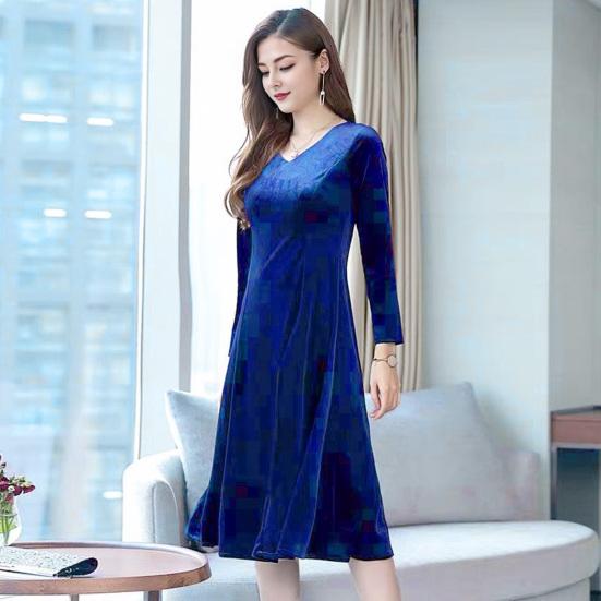 Abito in velluto da donna, autunno inverno, tinta unita, scollo a V, lunghezza media, abito a trapezio per matrimonio, damigella d'onore, festa, uso quotidiano