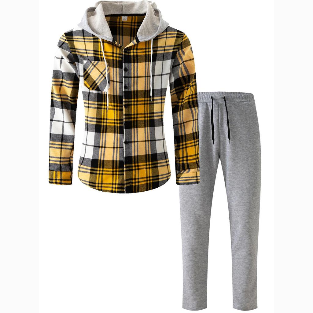 Autumn Men's Casual Sports Hooded Long Sleeve Plaid Shirt Trousers Set