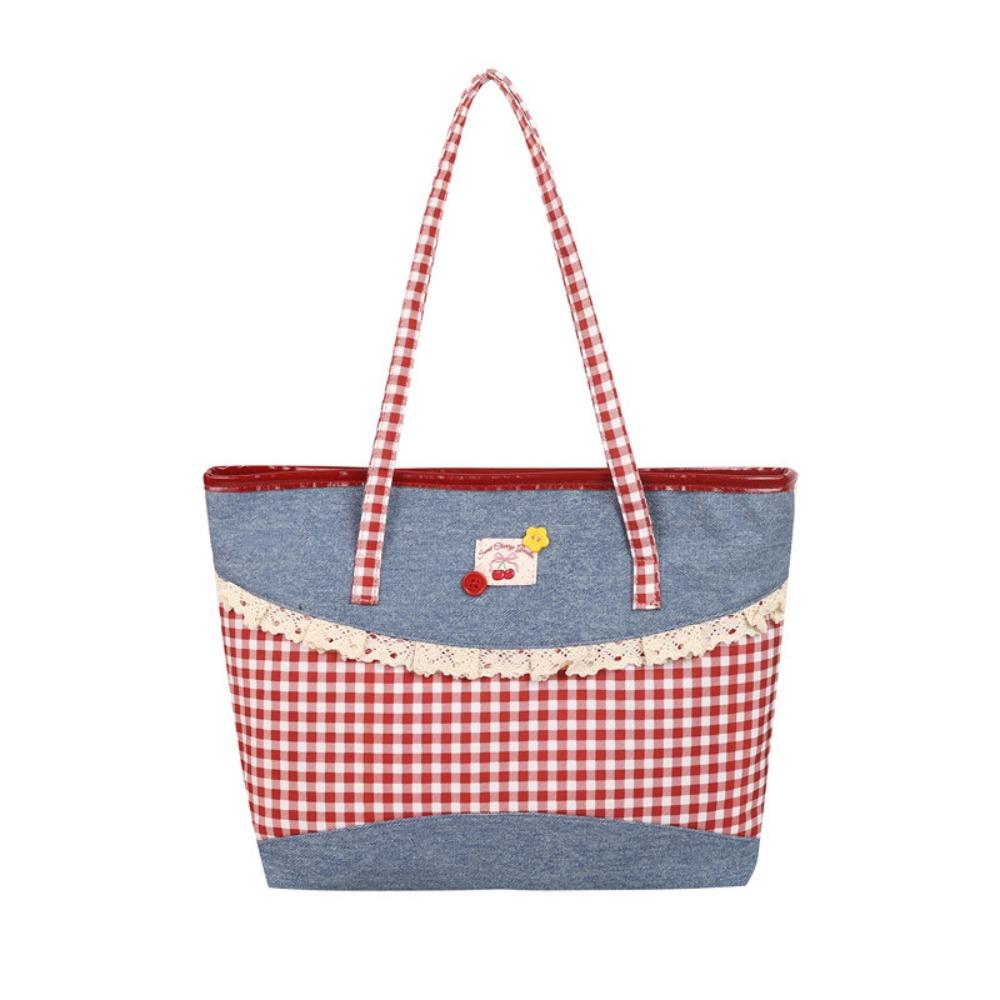 Lattice Lace Bow Shoulder Bag Rural Style Commuting Tote Bag Retro Denim Plaid Handbag Students