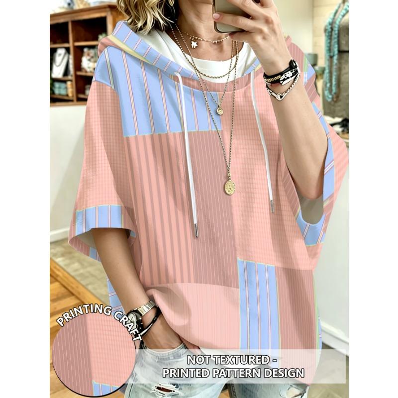 Plus size women's hooded top plaid striped patchwork loose dropped shoulder sleeves hoodie
