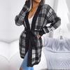 Autumn Winter Women Plaid Knitted Cardigan Sweater with Lantern Sleeve and Strap