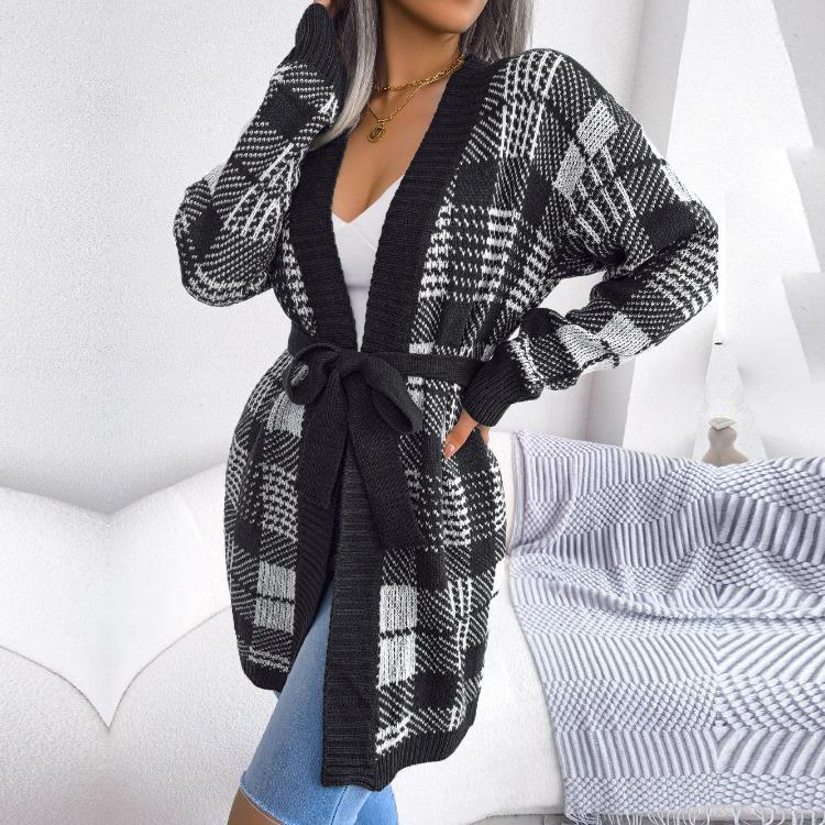 Autumn Winter Women Plaid Knitted Cardigan Sweater with Lantern Sleeve and Strap