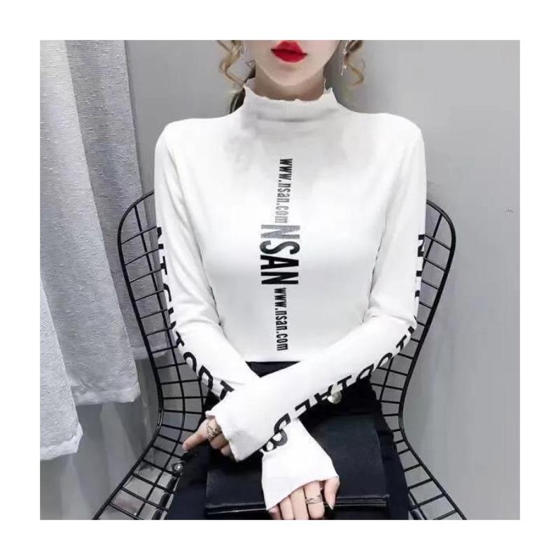 

Новая базовая рубашка Осень и Зима Миди-водолазка Внутренняя Сочетаемая Универсальная Приталенная Высокоэластичная Трикотажная футболка с длинным рукавом с принтом M белый